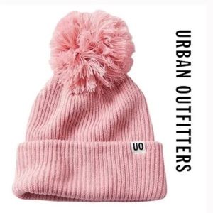 Urban Outfitters Pink Ribbed Pompom Beanie Fold Over Knit Hat New Without Tags